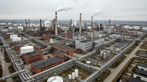 Aerial view of an industrial complex featuring smokestacks, buildings, pipelines, and storage tanks under cloudy sky