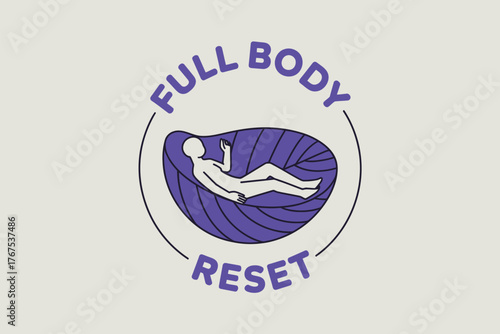A logo depicting a person resting inside a stylized leaf with the words full body reset around it