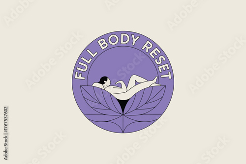 Illustration of a woman reclining within a lotus flower inside a purple circle labeled full body reset