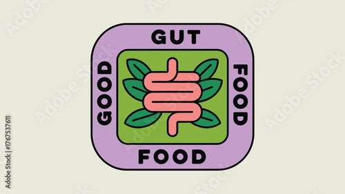 A graphic illustration of a gut inside a rounded square with good food written around the edges