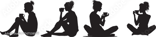 Silhouettes of women sitting and drinking coffee, representing relaxation, self-care, morning routine, comfort, mindfulness, leisure time, peaceful lifestyle, and modern feminine simplicity in daily l