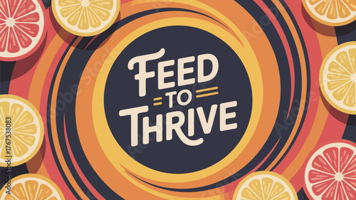 Illustration of feed to thrive text with orange and grapefruit slices on a swirling background