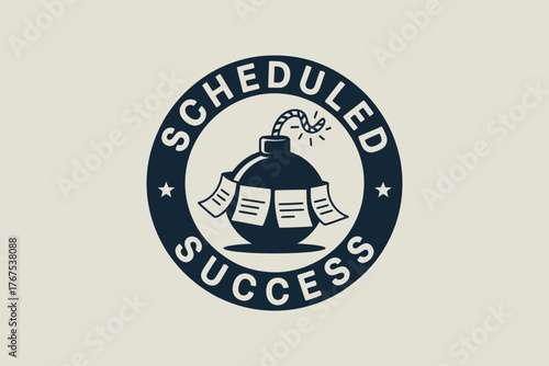 A graphic logo featuring a bomb with papers attached surrounded by the words scheduled success