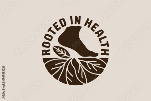 A circular logo featuring a foot above leaves and roots with the words rooted in health around it