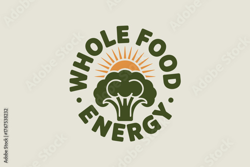 A logo depicting a broccoli with a sun behind it and the words whole food energy in a circular design