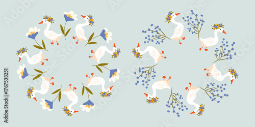 Spring summer goose, duck with round frame of flowers. Round frame of hand drawn doodle, summer elements of flowers. Arrangement in circles for stickers, banners, cards, ads. Vector