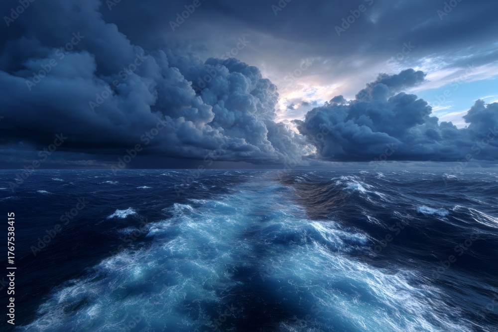 Obraz premium Dramatic storm clouds gather over a turbulent ocean, dramatic lighting and epic sea scape