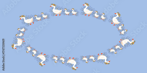 Spring summer goose, duck with round frame of flowers. Round frame of hand drawn doodle, summer elements of flowers. Arrangement in circles for stickers, banners, cards, ads. Vector