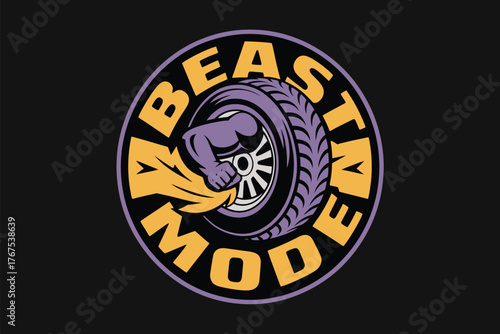 A graphic design of a tire with an arm flexing inside it with the words beast mode around the image
