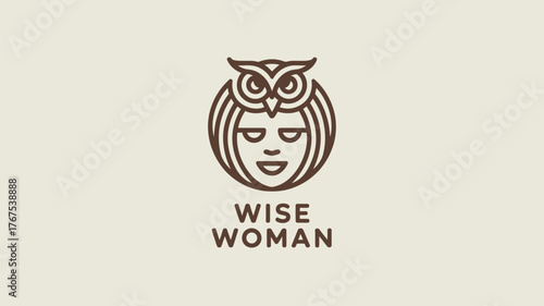 A minimalist line art logo featuring a stylized woman's face with an owl headdress and wise woman text