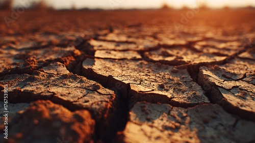 Cracked dry earth at sunset, drought climate change background, arid soil texture, environmental crisis.