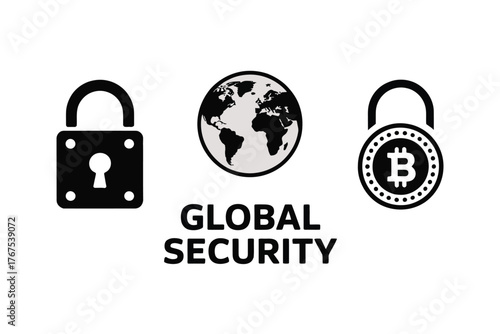A graphic displaying a padlock, globe, and bitcoin padlock, with the text global security below it