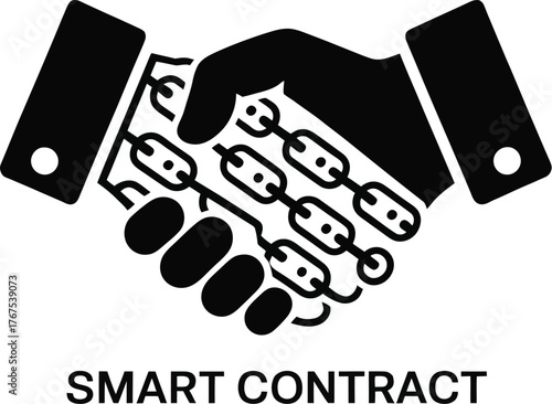 A black and white illustration of a handshake with a chain representing a smart contract concept