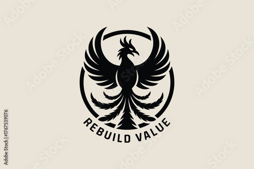 A stylized black phoenix logo with wings spread within a circle and the words rebuild value below it
