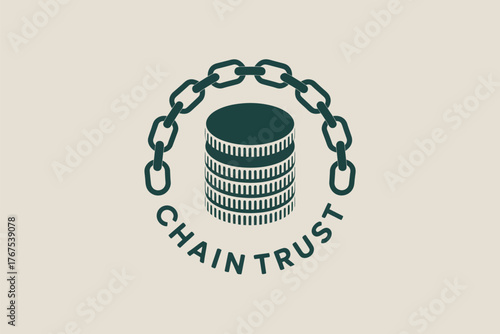 Illustrated stack of coins encircled by a chain with the words chain trust below the stack design