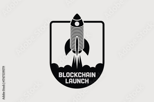 A black and white logo featuring a rocket launching with the words blockchain launch underneath it