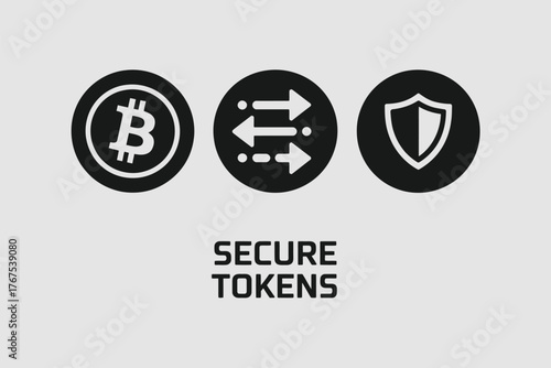 Three black circular icons depicting bitcoin, arrows, and a shield for secure tokens concept design