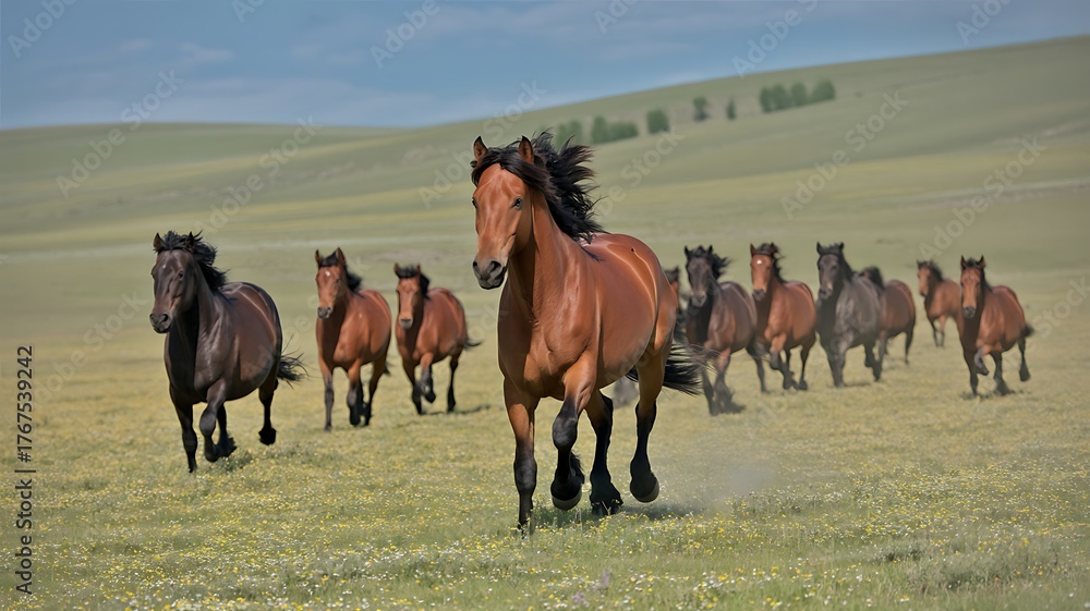 Obraz premium Magnificent herd of horses running freely across a lush green meadow