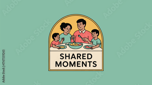 Illustration of a family having dinner together at a table with the text shared moments below it