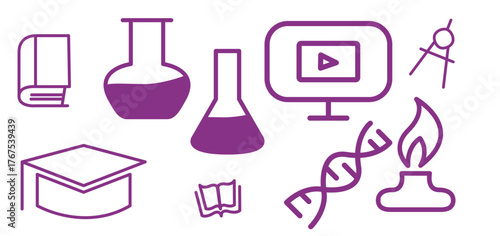 Educational Tools and Laboratory Symbols, Science and Education Icons Set, Purple Science Education Illustration, 