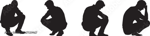 Silhouette illustration of men sitting and thinking in crouched poses, symbolizing stress, contemplation, depression, and life struggles, perfect for psychology, loneliness, and emotional awareness co
