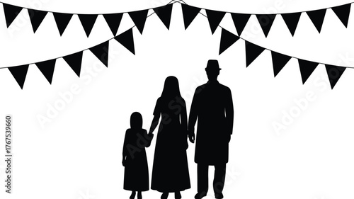 Silhouette of family holding hands under triangular bunting flags in a black and white illustration