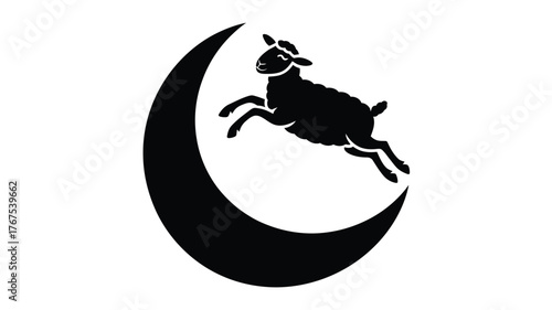 A black silhouette of a sheep leaping over a crescent moon on a stark white background illustration