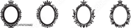 Vintage oval frames with decorative floral and crown ornaments in black silhouette style, perfect for classic portrait design, antique decoration, luxury invitations, and elegant graphic compositions