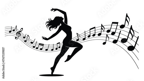 Silhouette of a woman dancing with musical notes floating around her on a white background design art