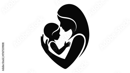 Silhouette of a mother holding her baby in her arms, forming a heart shape with their bodies and hair