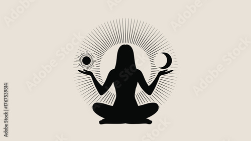 Silhouette of woman meditating with sun and moon in her hands against a radiating light background