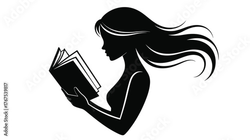 Silhouette of a woman with flowing hair reading an open book against a white background illustration