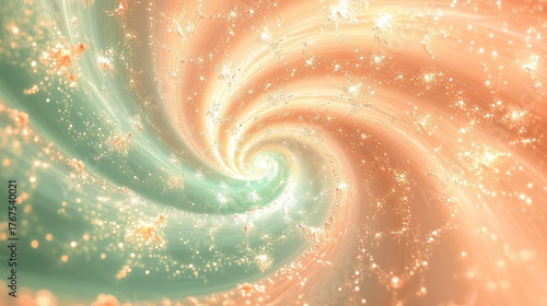 A tranquil swirling galaxy in pastel tones of coral and mint green