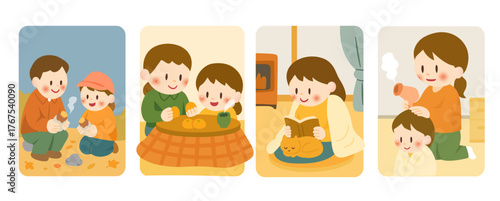 冬のおうち時間イラストセット、Cozy Winter Home Life Illustrations
