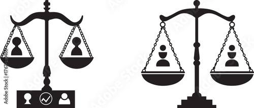 Silhouette illustration of balance scales comparing people icons, symbolizing equality, justice, fairness, and law, ideal for social justice, human rights, legal concepts, and diversity representation