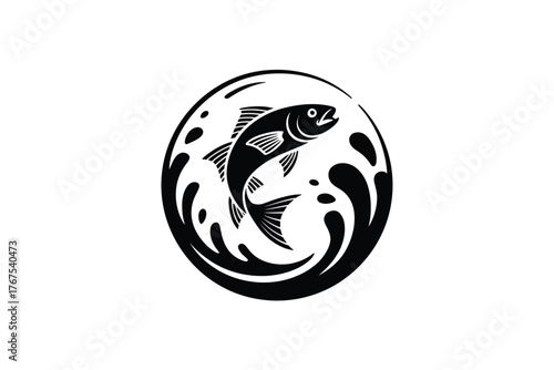 A stylized black and white illustration of a fish jumping out of water inside a circular border