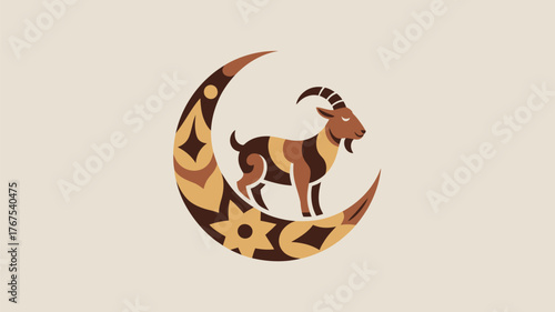 A stylized illustration of a goat standing within a crescent moon with decorative patterns on it