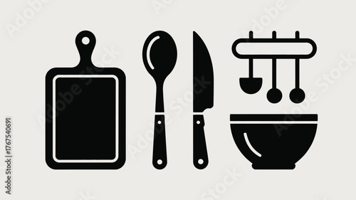 A minimalist illustration of kitchen utensils including a cutting board spoon knife and mixing bowl set