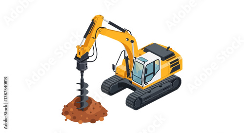 Isometric illustration of a yellow excavator drilling into a pile of dirt on a white background.