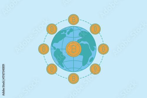 A stylized illustration of a world globe surrounded by bitcoin symbols connected by dashed lines
