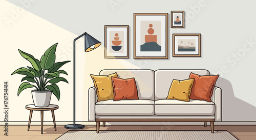 Cozy living room illustration with minimalist style furniture and modern decorative elements for