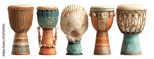 Artistic Collection of Colorful Drums and Shell-Shaped Instruments