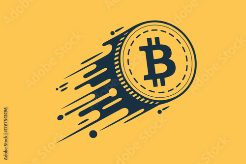 Illustration of a bitcoin coin with motion lines on a yellow background indicating speed and movement