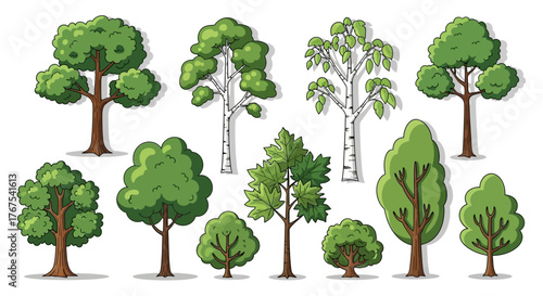 Cartoon styled trees isolated on a white background offer a fresh and cheerful aesthetic for
