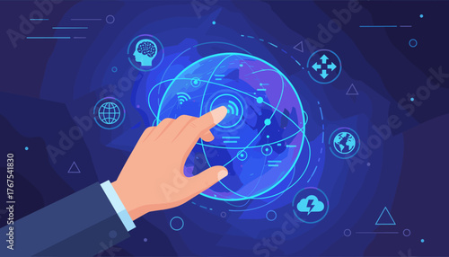 Close-up of a businessman's hand touching a glowing blue globe, symbolizing a futuristic global data network, artificial intelligence, and interconnected technology with various digital icons like