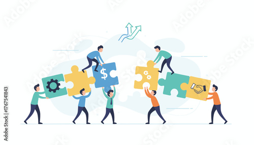 Vivid illustration of a diverse team of people collaborating to assemble puzzle pieces, symbolizing business strategy, teamwork, and successful partnership, with icons for finance, gears, and