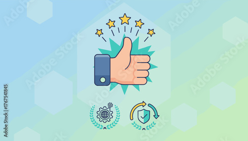 Conceptual illustration of quality control and customer satisfaction, featuring a prominent thumbs-up gesture with five stars, symbolizing excellence, alongside icons representing global operations