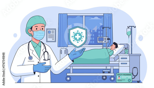 Doctor wearing a mask and cap holds a shield with a virus symbol, protecting a patient lying in a hospital bed, symbolizing healthcare and medical insurance coverage against illness and pandemics.