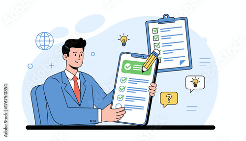 Professional businessman in a suit meticulously reviewing and completing a checklist on a clipboard and smartphone, symbolizing quality control, task management, and business efficiency with a global