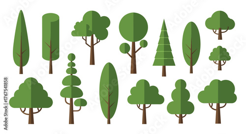 Diverse green tree set vector flat style icon collection minimalist representation nature